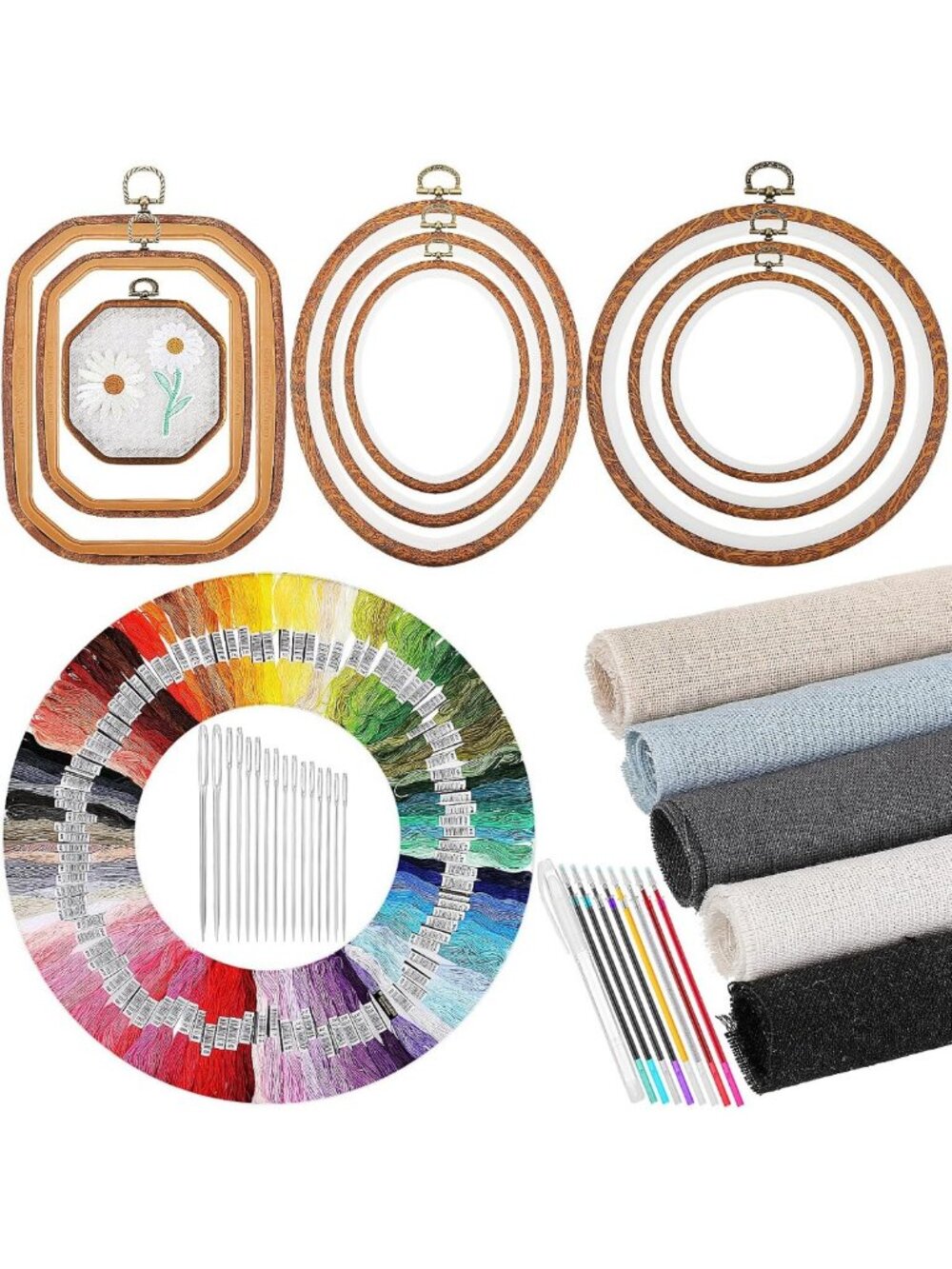 138-Piece Embroidery Kit with 9 Hoops, 100 Threads, 5 Fabrics & 16 Needles